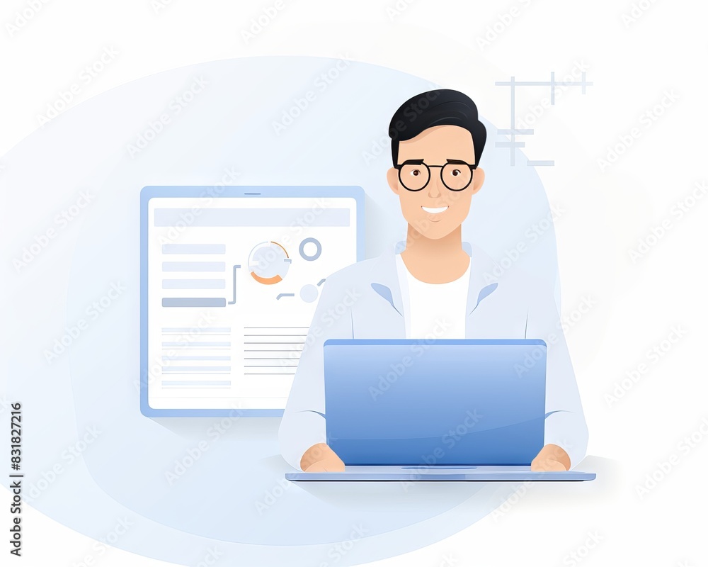 Poster illustration of a person working on a laptop with a screen in the background, representing data anal
