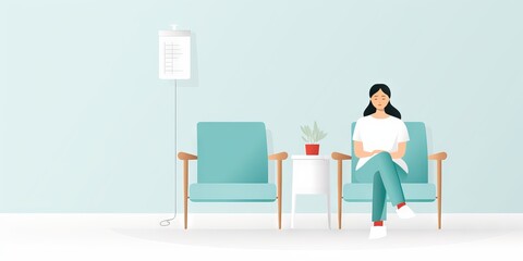 Illustration of a woman sitting in a waiting room with blue chairs and a potted plant, suggesting a tranquil healthcare environment.