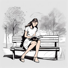 Artistic illustration. Sketch of a park landscape with a girl reading a book on a bench in a white dress