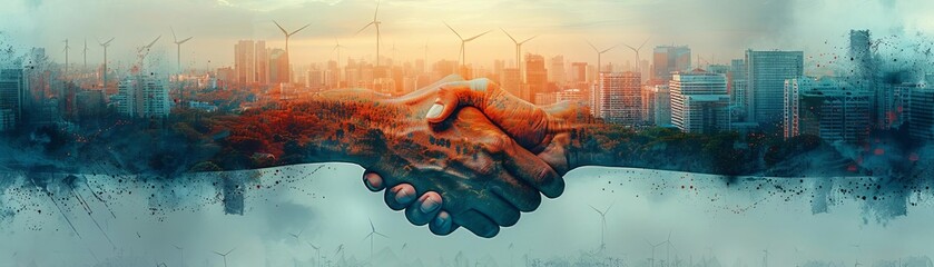 Double exposure of two hands shaking with a cityscape and wind turbines, symbolizing sustainable business partnerships, Futuristic, Cool tones, Digital Art