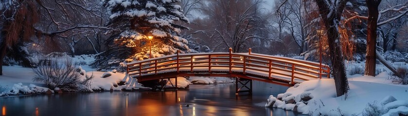 Fototapeta premium Snowcovered bridge in the evening
