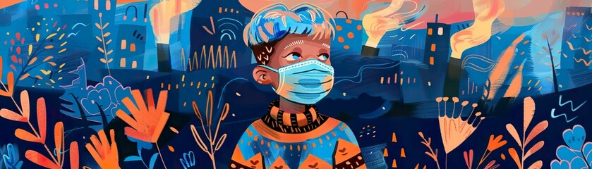 Child wearing mask against backdrop of industrial emissions, health impact