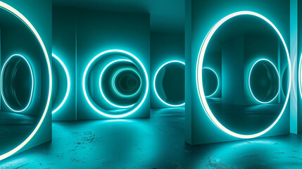 Tranquility and advancement depicted by glowing aquamarine circles under neon lights,