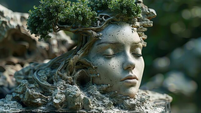 Head-shaped stone with tree growing, artistic sculpture, surreal and intricate design