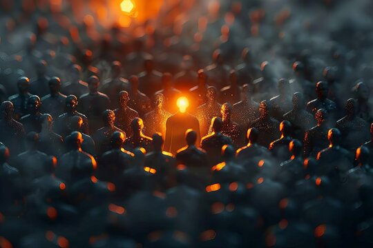 Highlighted individual among many shadowy figures, indicating the concept of being unique, Inspirational, Warm tones, Digital Design