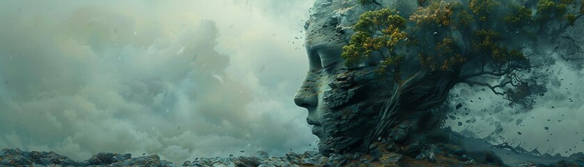 Stone head and tree combination, surreal art piece, high detail and creative concept