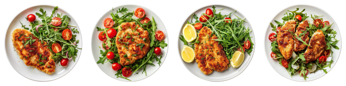Chicken Milanese On A Plate With A Bowl Of Arugula Salad isolated on transparent png background collection set . Generative ai