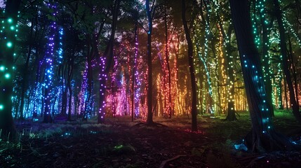A grove of bioluminescent trees emits a unique kaleidoscope of light, creating a natural light show.