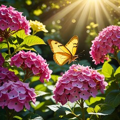 Top view, Against a canvas of vibrant green leaves, clusters of purple lilac blooms perfume the air with their sweet, intoxicating scent, inviting bees and butterflies to dance among their fragrant