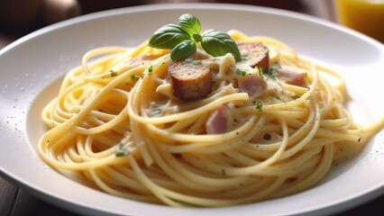 Plate of spaghetti aglio e olio, garnished with fresh basil leaves and chili flakes. The simple yet flavorful dish showcases the elegance of Italian cuisine with its minimalistic presentation