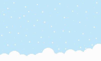 Pixel art of snow, white cloud with blue background and copy space. can be used for template card, wallpaper, background or game assets. Simple and cute card