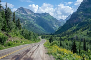 Naklejka premium Scenic mountain road surrounded by lush greenery and wildflowers, leading towards towering peaks under a vibrant blue sky with scattered clouds.