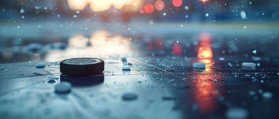 Detailed shot of a hockey puck on an ice rink