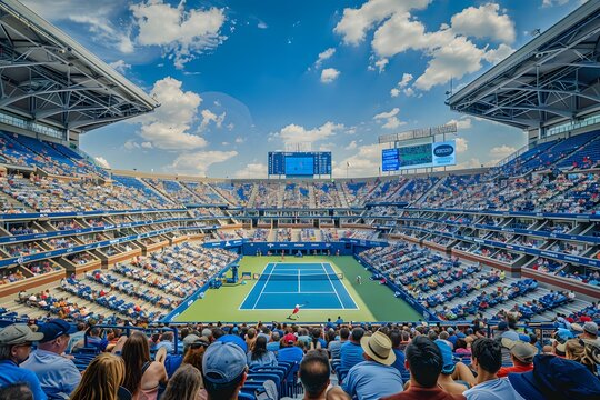 professional tennis match taking place in a large, modern stadium. The image is taken from the perspective of the audience