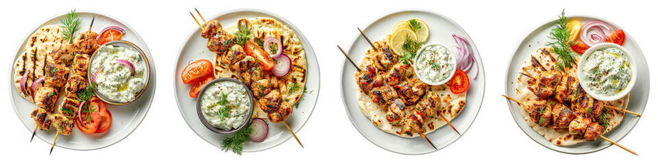 Chicken Souvlaki On A Plate With A Bowl Of Tzatziki isolated on transparent png background collection set . Generative ai