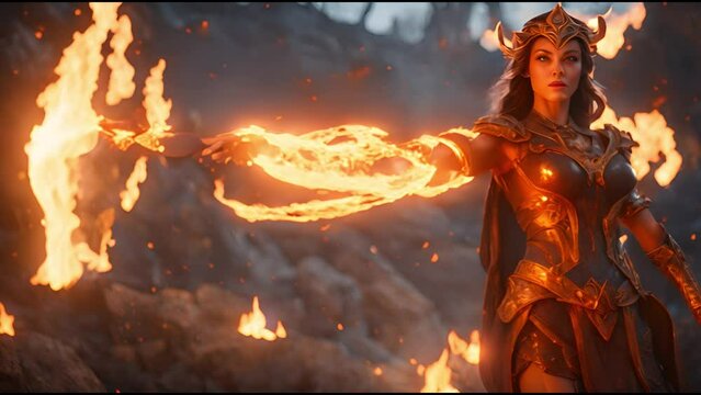 Beautiful female character in armor releases magic flames from her hands