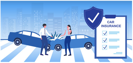Car insurance concept. Two cars crashed with protective shield and insurance policy. Protection from accident and damage vector illustration.