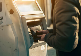 "Man Using ATM Machine for Automatic Savings, Holding Black Wallet