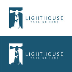 Lighthouse logo vector beacon tower ship signal simple beach port design template