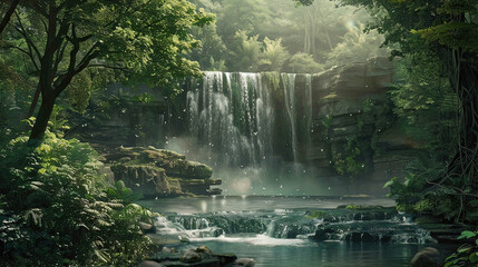 Romantic waterfall landscape with a hidden waterfall, AI generative