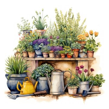 watercolor potted plants and watering cans clip art preview