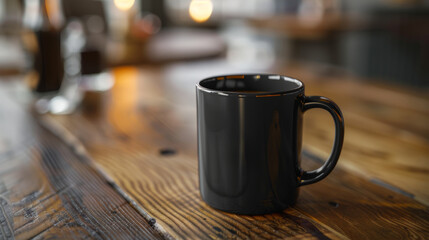 A black coffee mug sits on a wooden table