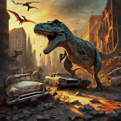 Dinosaurs roam the city.