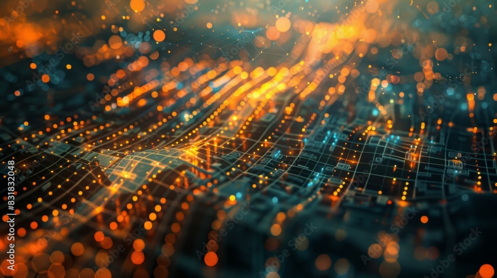 Poster an aerial view of a city grid overlaid with a complex web of traffic patterns and algorithms as an a