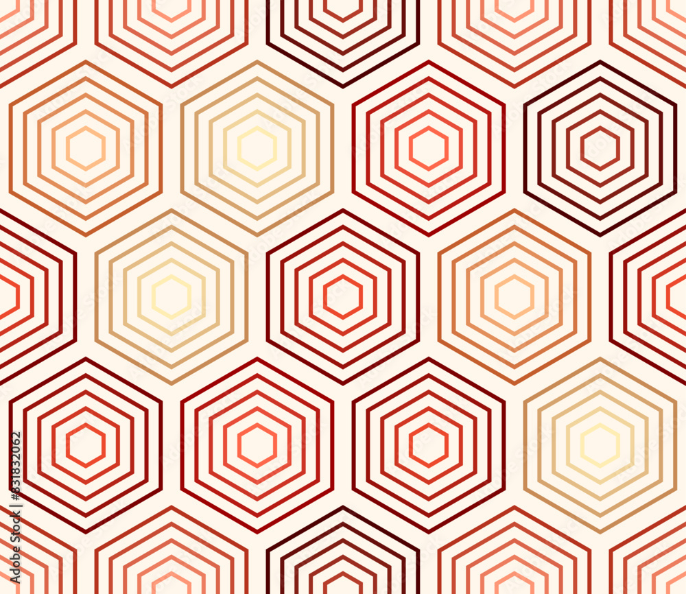 Poster abstract mosaic hexagon shapes background. red color tones gradients. hexagon stacked mosaic cells. 