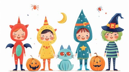 Fototapeta premium Illustration of happy children wearing various Halloween costumes, standing with jack-o'-lanterns and a blue cat. 