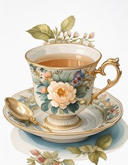 White background PNG of a vintage teacup and saucer.