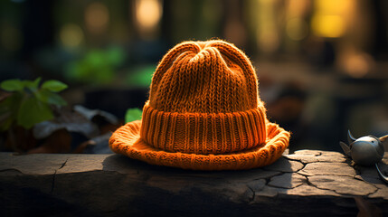 A Yellow knitted hat laying on a wall and the word winter on it generative al