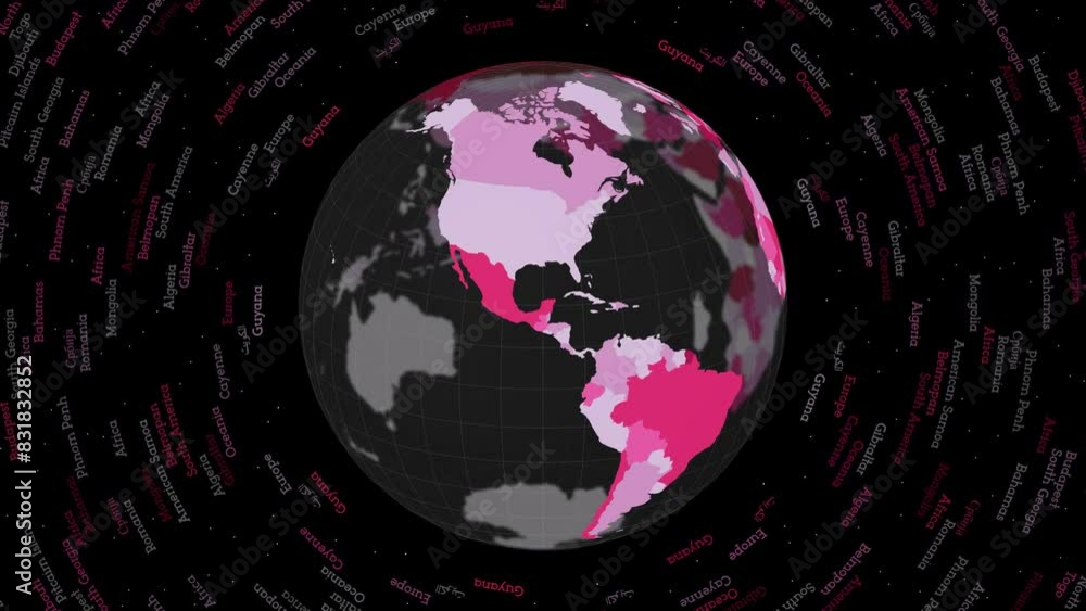 Poster rotating globe. dark translucent globe with round geographical names text. artistic spinning planet.