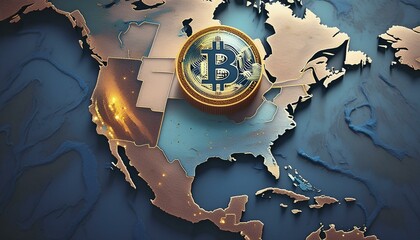 world map with Bitcoin, realms of the world, communication concept, euro coins and euro banknotes, Bitcoin coin on political map of North America, on the territory of united states, use of cryptocurre