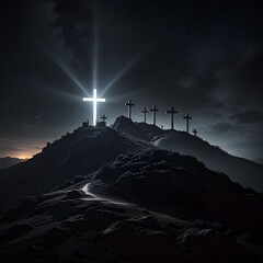 View of the Cross on the hill at dawn, with a beautiful sea of ​​clouds, Glowing white light holy cross at golgotha hill at night

