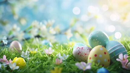 Easter bunny and Easter eggs on green grass