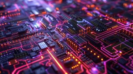 Fototapeta premium Close-Up of Glowing Circuit Board in Neon Light