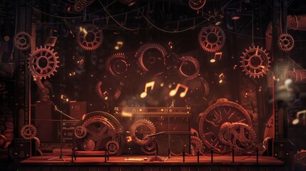 A steampunk stage with intricate gears and cogs, producing mesmerizing music and blending tech with art.