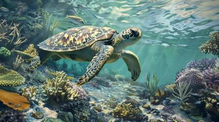 Fototapeta premium Sea Turtle Swimming Over Vibrant Coral Reef