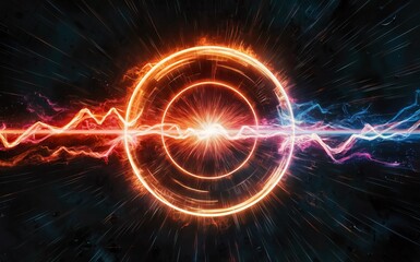 Obraz premium Circular shape and lines, fiery and electric energy against a dark background.