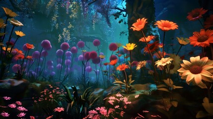 Fototapeta na wymiar An enchanted garden where flowers bloom and wither to the rhythms of a magical concert, petals dancing in sync.