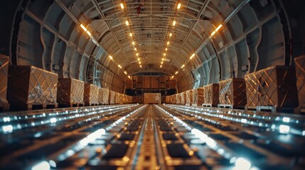 Close-up view of a commercial airplane's cargo area, showcasing containers being carefully loaded by logistics workers