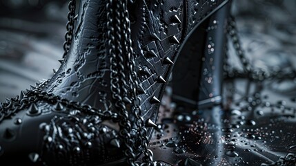 Close-up view of a stylish high-heeled shoe with prominent spikes and chains, highlighting the dark, rebellious gothic rock design