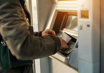 "Man Using ATM Machine for Automatic Savings, Holding Black Wallet