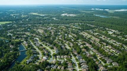 Naklejka premium Satellite Suburbs: Photograph sprawling suburban communities or satellite towns expanding outward from major urban centers, with new housing tracts and infrastructure.