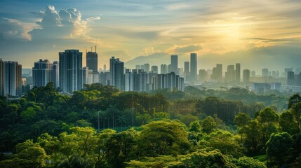 City Skyline Encroaching on Nature: Photograph a city skyline dominated by high-rise buildings looming over a nearby natural landscape of forests, fields, or mountains.