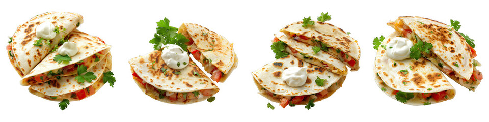 Quesadilla And Sour Cream  isolated on transparent png background collection set . Generative ai