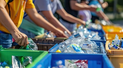 Community Recycling Event: Capture a diverse group of people gathering at a community center or public space to sort recyclable materials like paper, plastic, glass, and metal into designated bins.