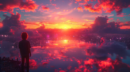 Fototapeta premium A man stands on a ledge overlooking a city and a beautiful sunset
