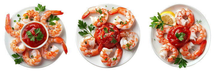Shrimp And Cocktail Sauce  isolated on transparent png background collection set . Generative ai